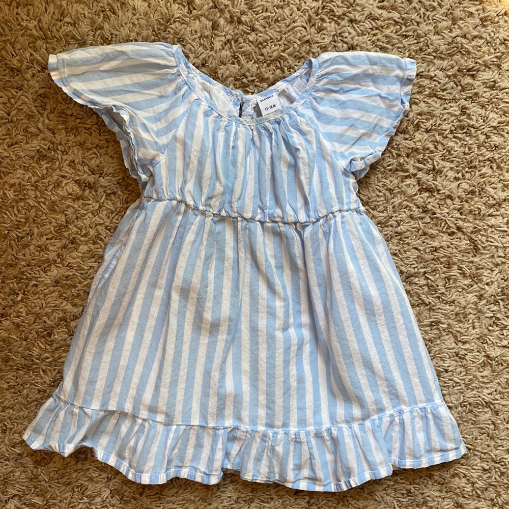 12-18M girls light blue and white striped dress.